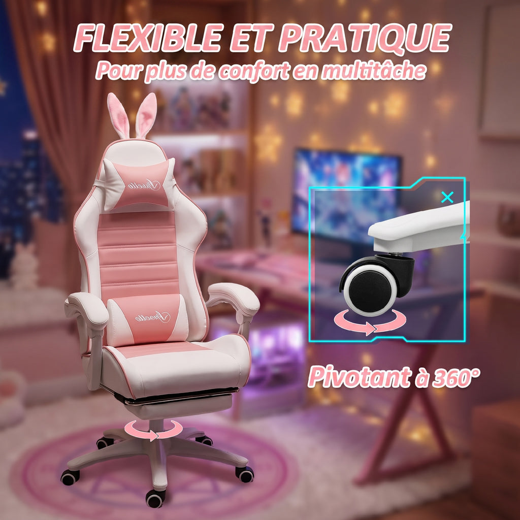 Chaise de gaming avec support lombaire, hauteur réglable, dossier inclinable, oreilles de lapin et appui-tête, rose-6