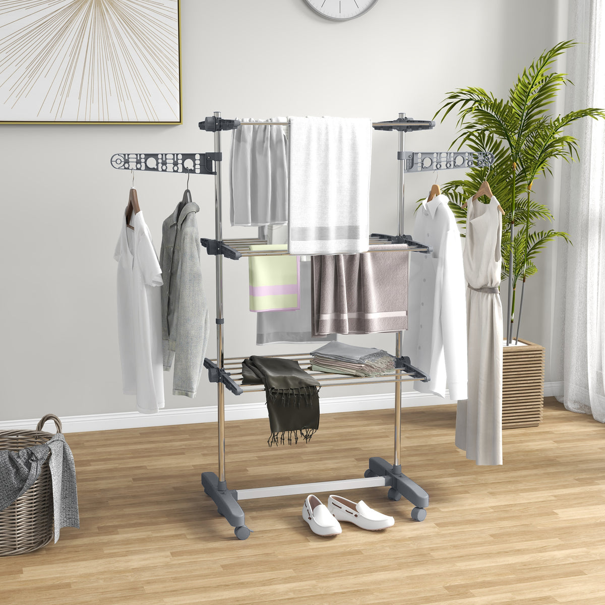 Séchoir à linge étendoir pliable ailes latérales utilisation intérieure et extérieure 3 niveaux 142 x 55 x 152 cm gris-1