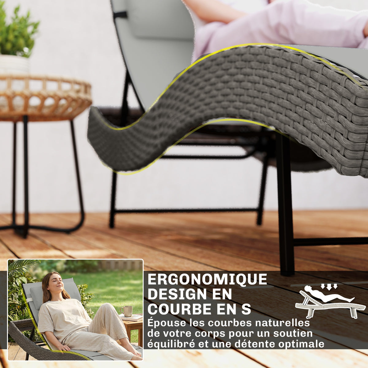 Chaise longue en résine tressé, bain de soleil avec dossier réglable 5 positions et appui-tête, 198 x 61 x 44 cm, gris-3