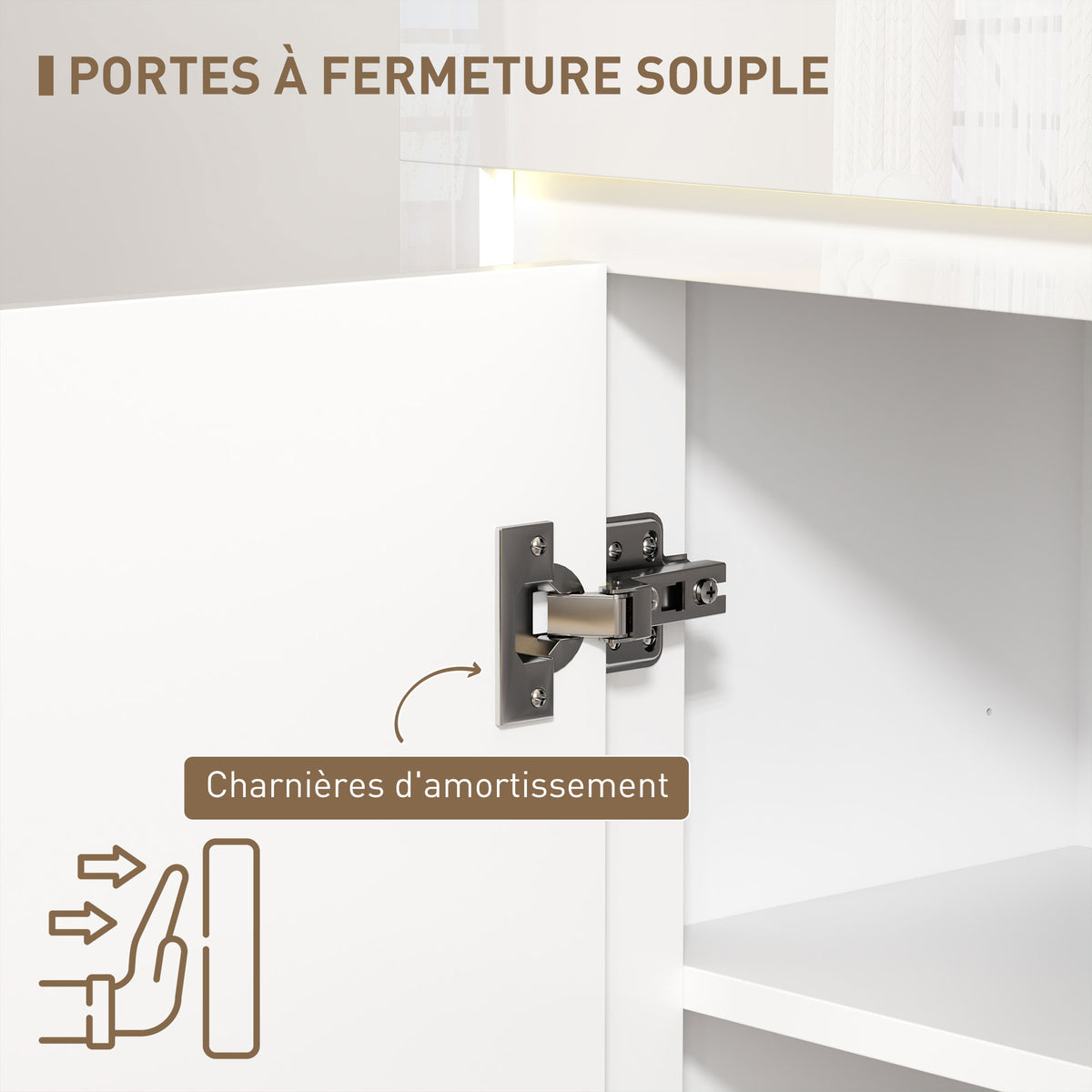 Buffet salon, meuble de rangement avec éclairage LED 4 tiroirs portes à fermeture douce 120 x 34 x 80 cm, blanc brillant-7