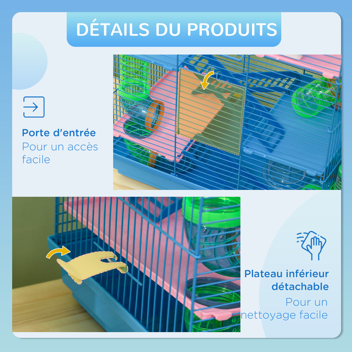 Cage pour Hamster Souris Petit Animaux Rongeur avec Tunnel Mangeoire Roue Jouet 47 x 30 x 59 cm Bleu-5