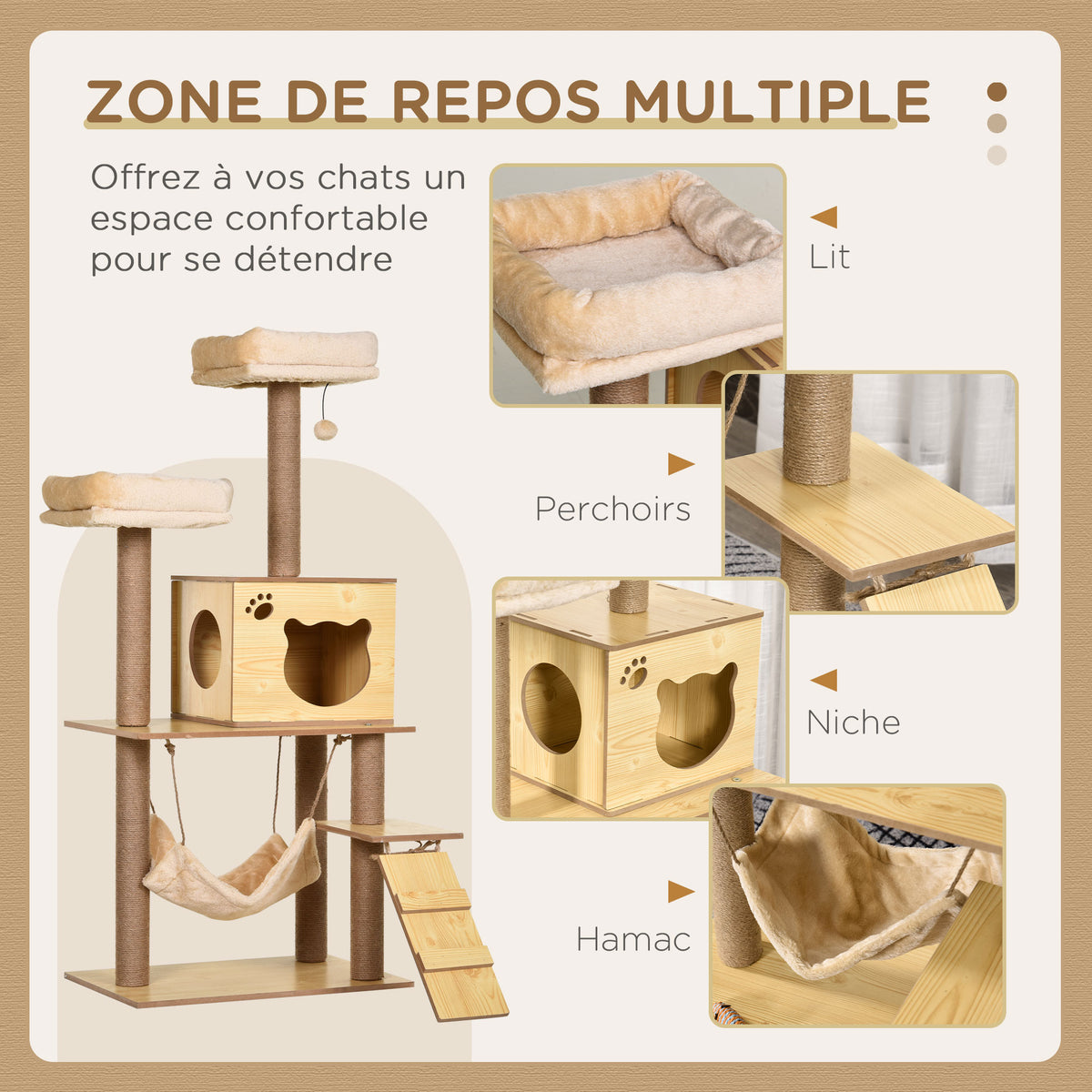 Arbre à chats design contemporain griffoirs grattoirs sisal naturel niche plate-formes hamac boule beige-3