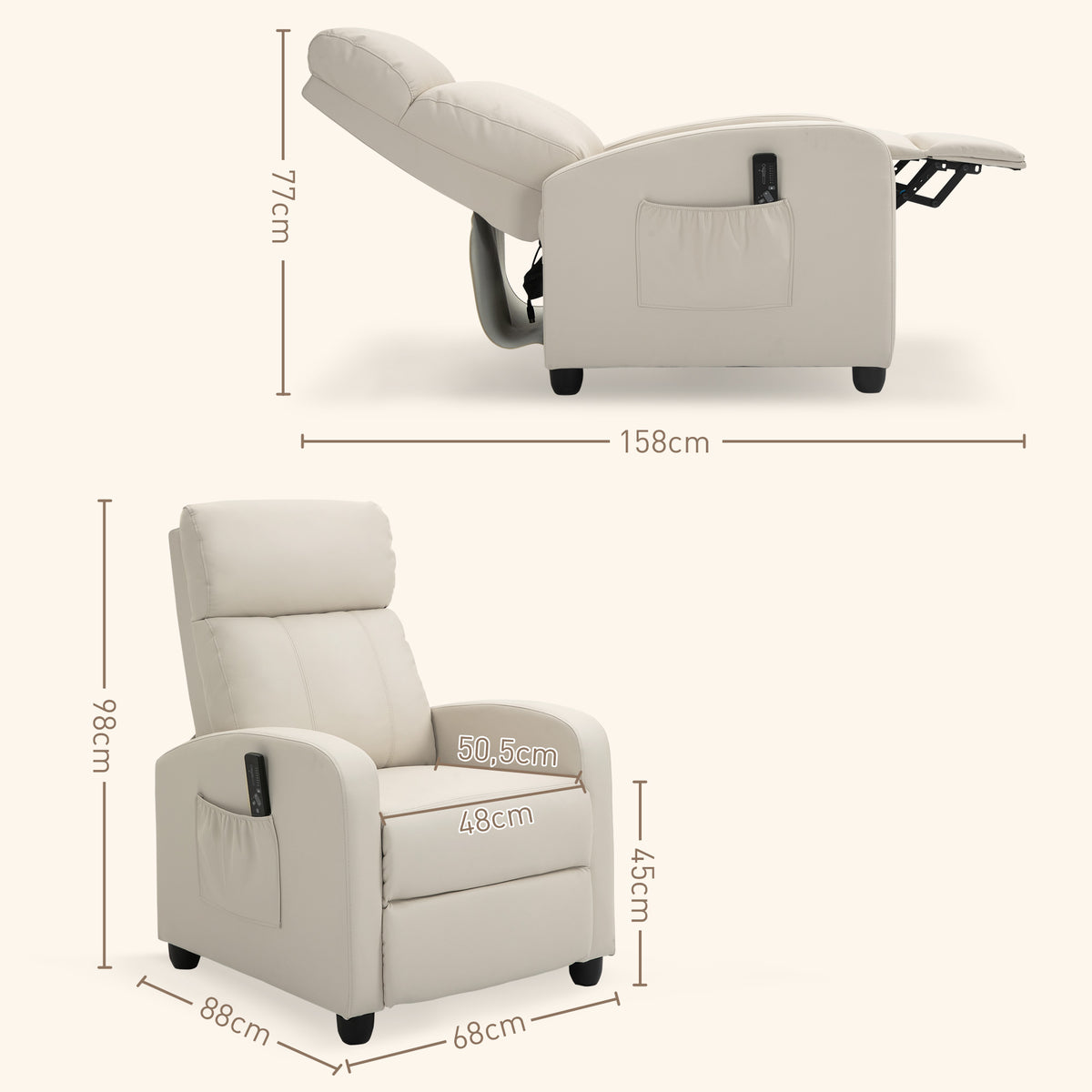 Fauteuil de Relaxation et Massage avec Inclinaison Manuelle Dossier Repose-Pied réglable revêtement synthétique Crème-2