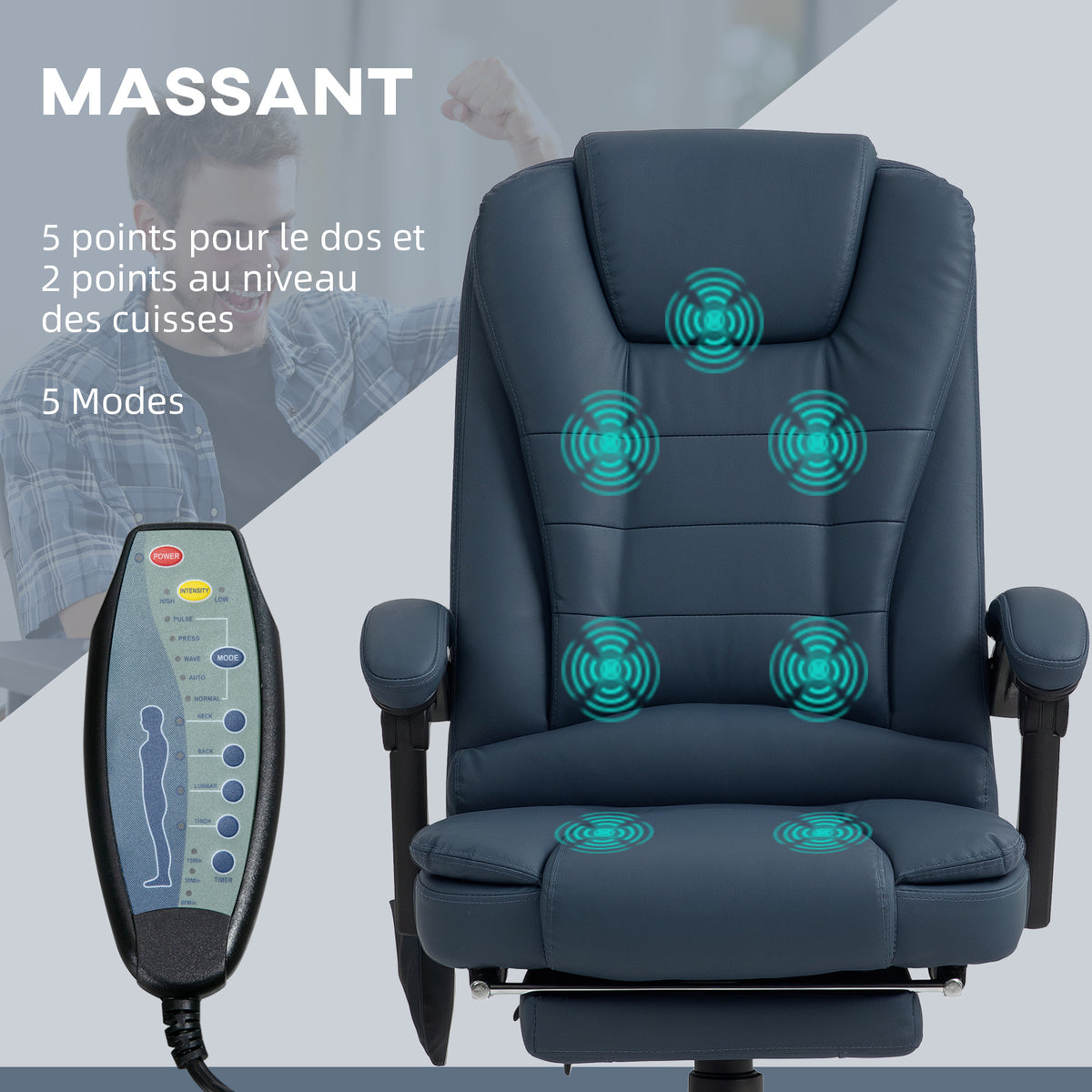 Fauteuil de bureau massant, chaise de bureau avec hauteur réglable, dossier inclinable et télécommande filaire, bleu-3