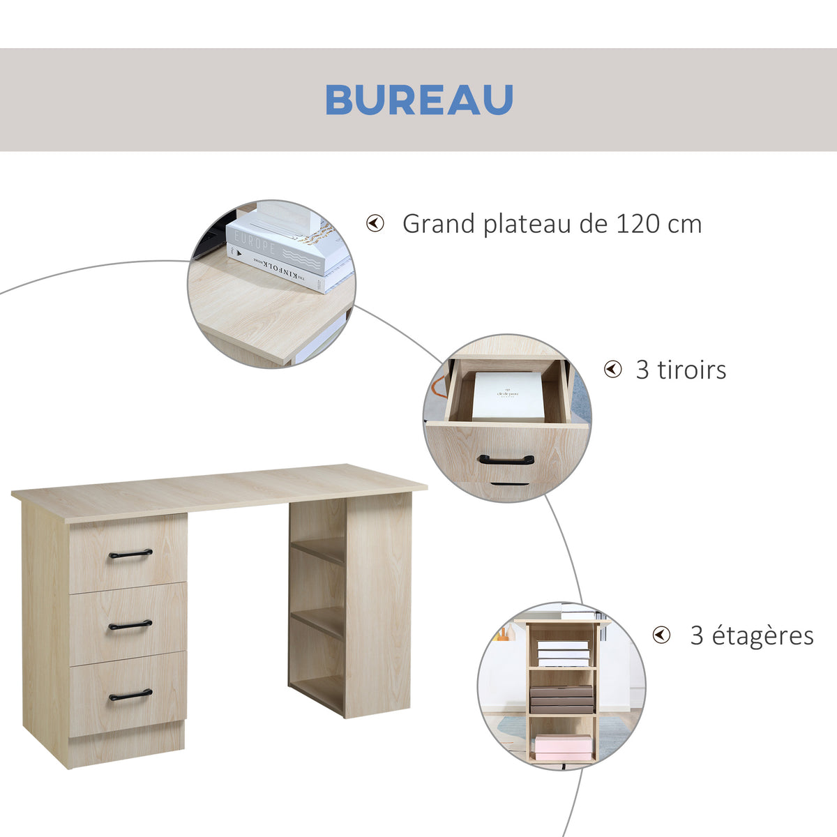 Bureau 120 x 50 cm avec étagères et tiroirs, pour petit espace, bureau à domicile, chambre à coucher, couleur bois-3