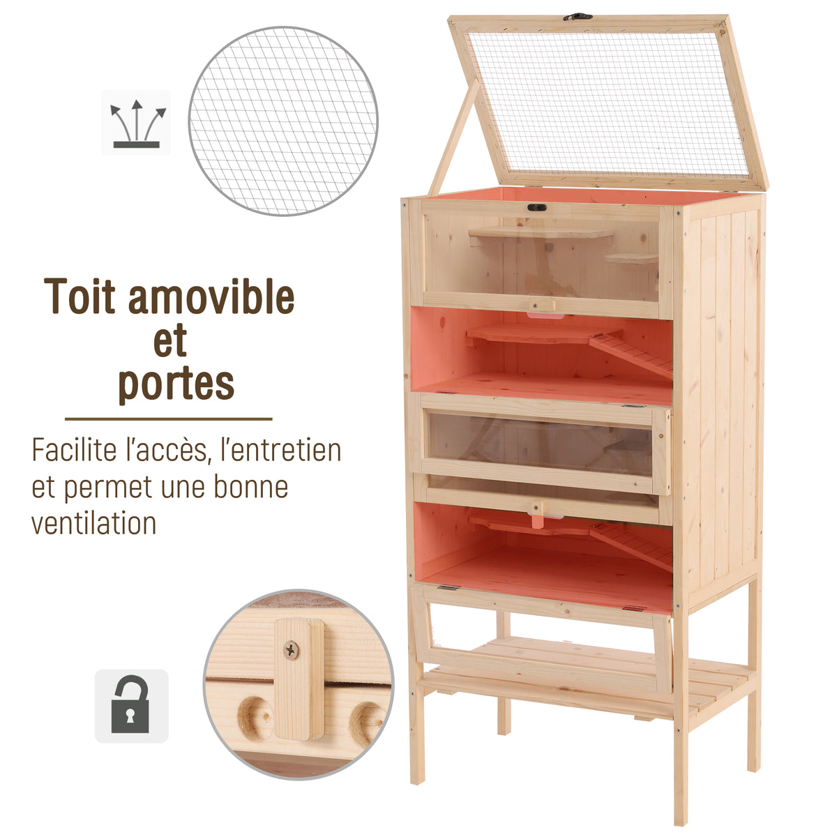 Cage pour hamsters souris petits rongeurs multi-niveaux 5 étages 10 plateformes bois de pin 60 x 40 x 120 cm-4