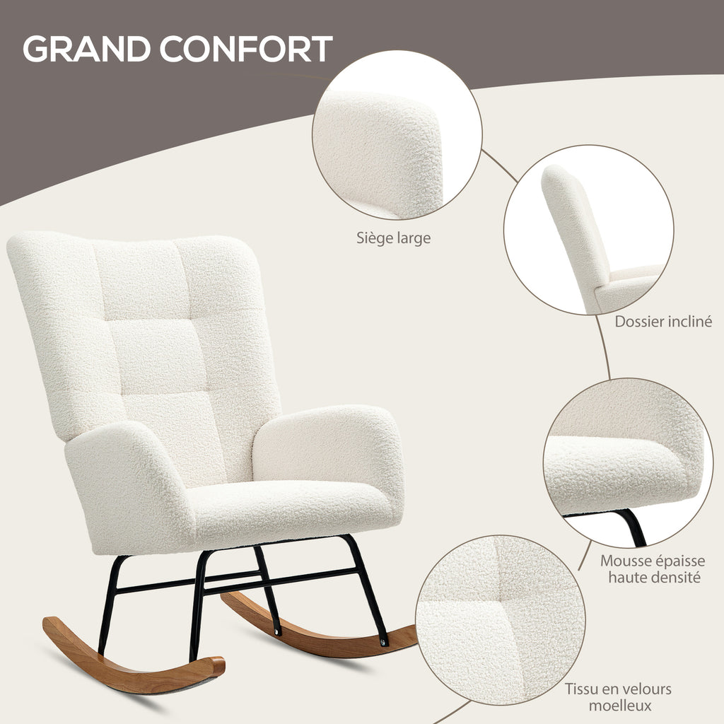 Fauteuil à bascule en tissu effet laine bouclée avec pieds en bois massif d'hévéa pour chambre, salon, crème-4