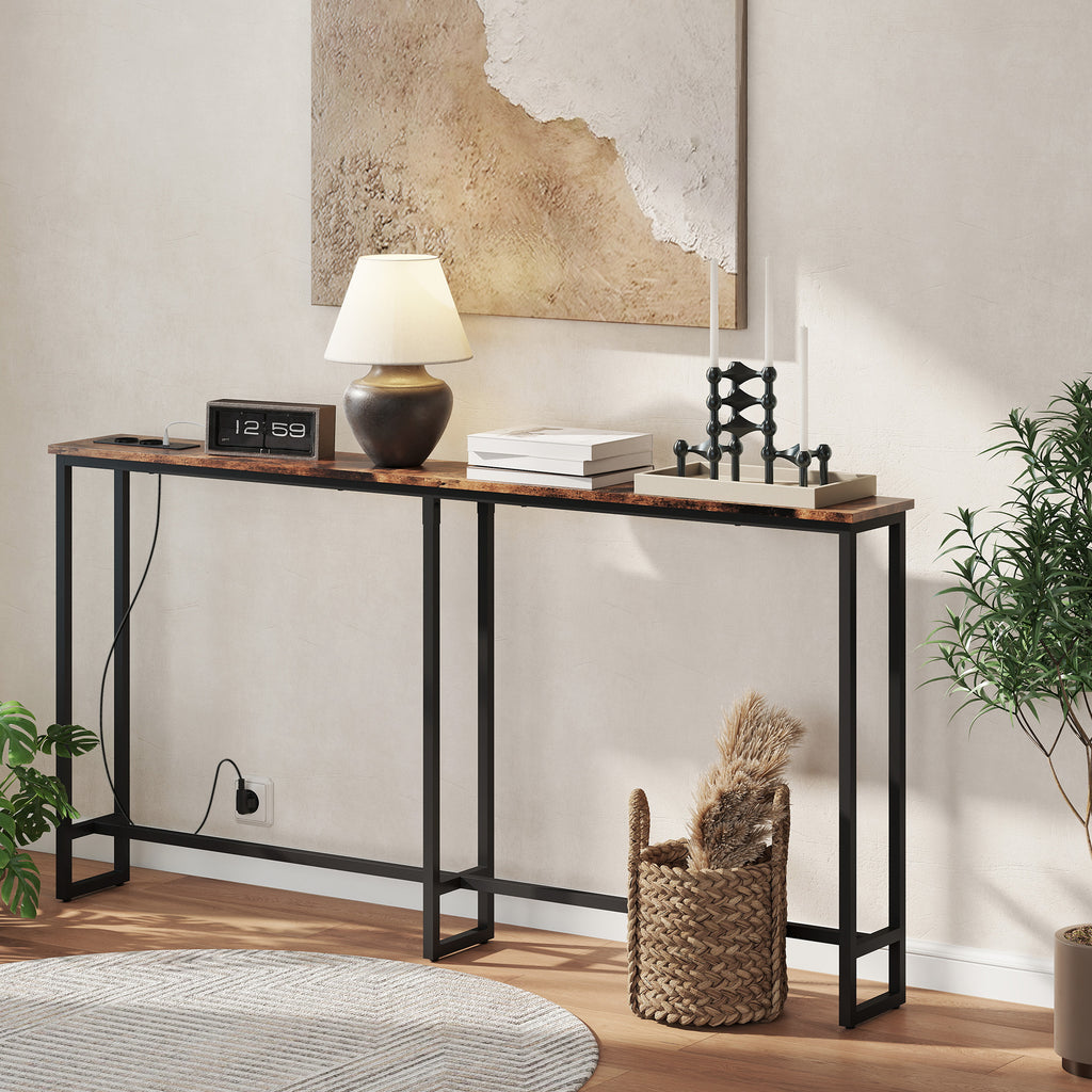 Table console étroite style industriel avec prises de courant et USB, pour salon entrée couloir, 160x20x80cm, marron-6
