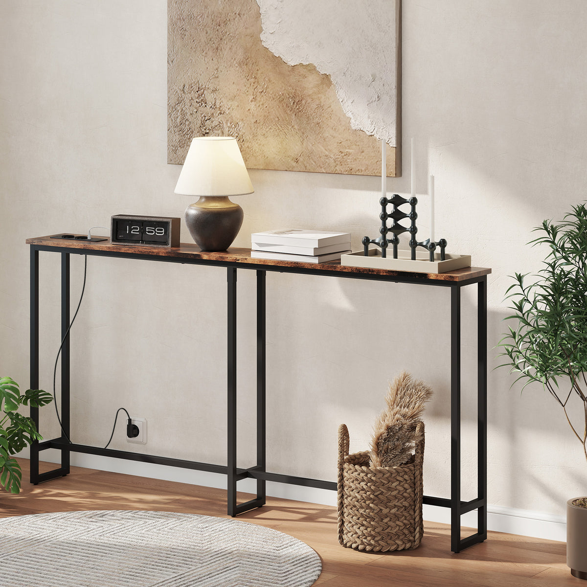 Table console étroite style industriel avec prises de courant et USB, pour salon entrée couloir, 160x20x80cm, marron-6