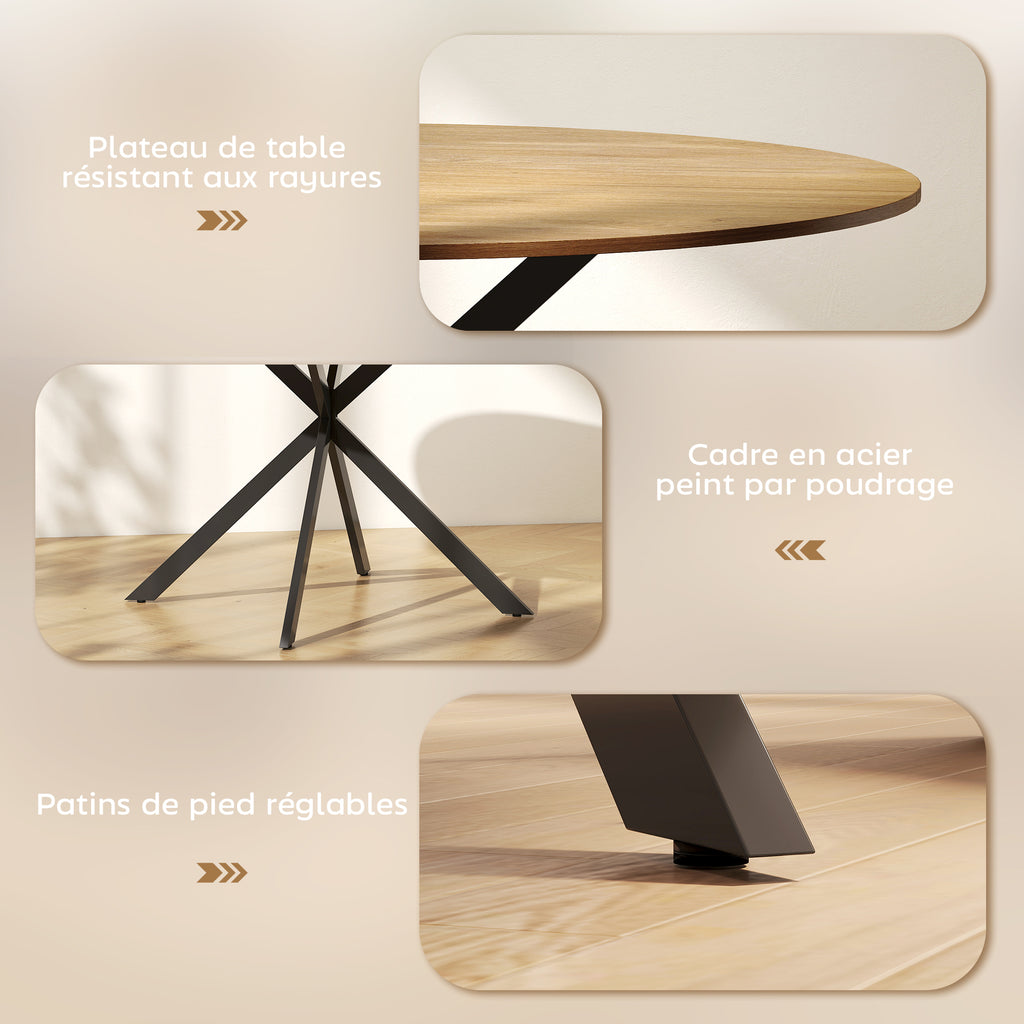 Table à manger ronde pour 4 personnes 120 cm style industriel avec plateau aspect bois, piètement croisé en acier, marron-5