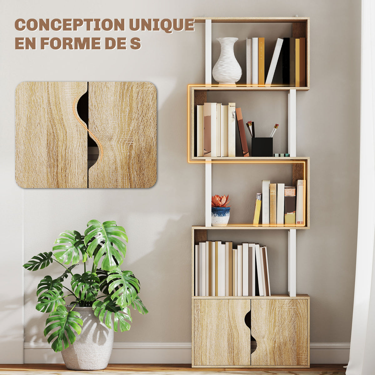 Bibliothèque à 5 niveaux, meuble de rangement avec étagères et placard double porte, 60 x 23,8 x 179,2 cm, bois naturel-4