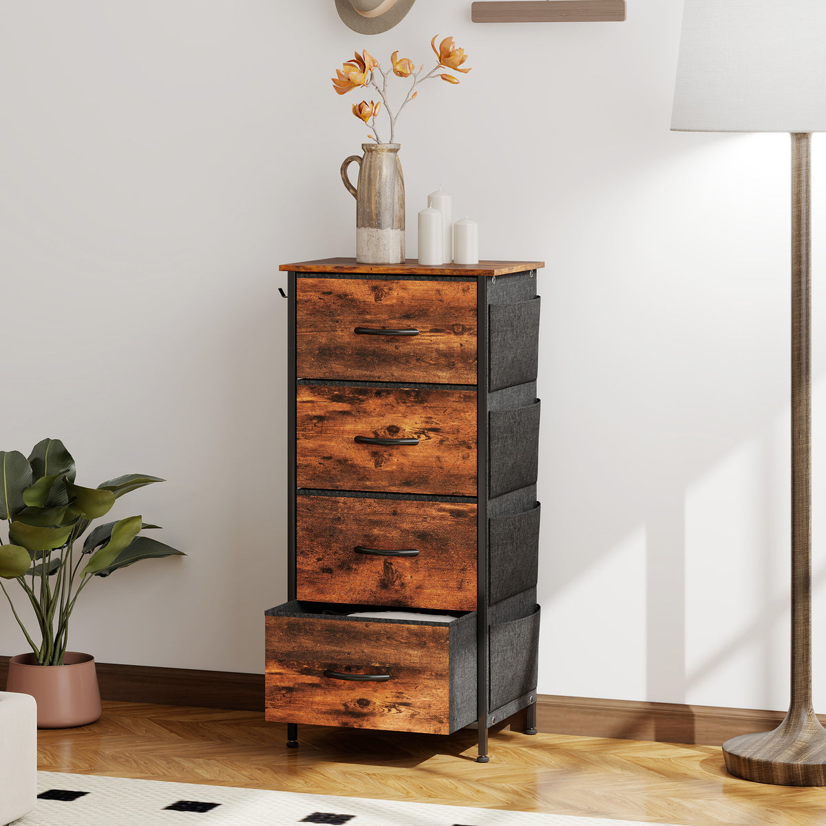 Commode 4 tiroirs en tissu, meuble de rangement avec 4 poches, 2 crochets, structure en acier, 45 x 30 x 94,5 cm, marron-9