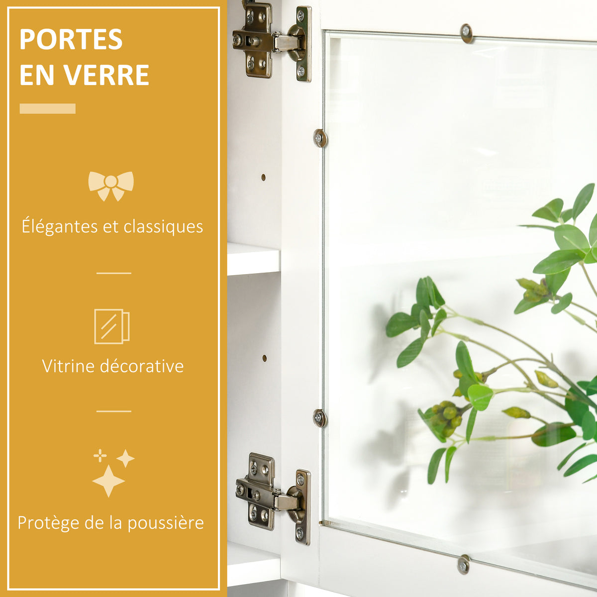 Buffet haut cuisine, armoire de cuisine, vaisselier, 4 portes dont 2 en verre, tiroir, plan de travail, étagères réglables, meuble de rangement pour salon salle à manger, 80x48x170cm, blanc-4