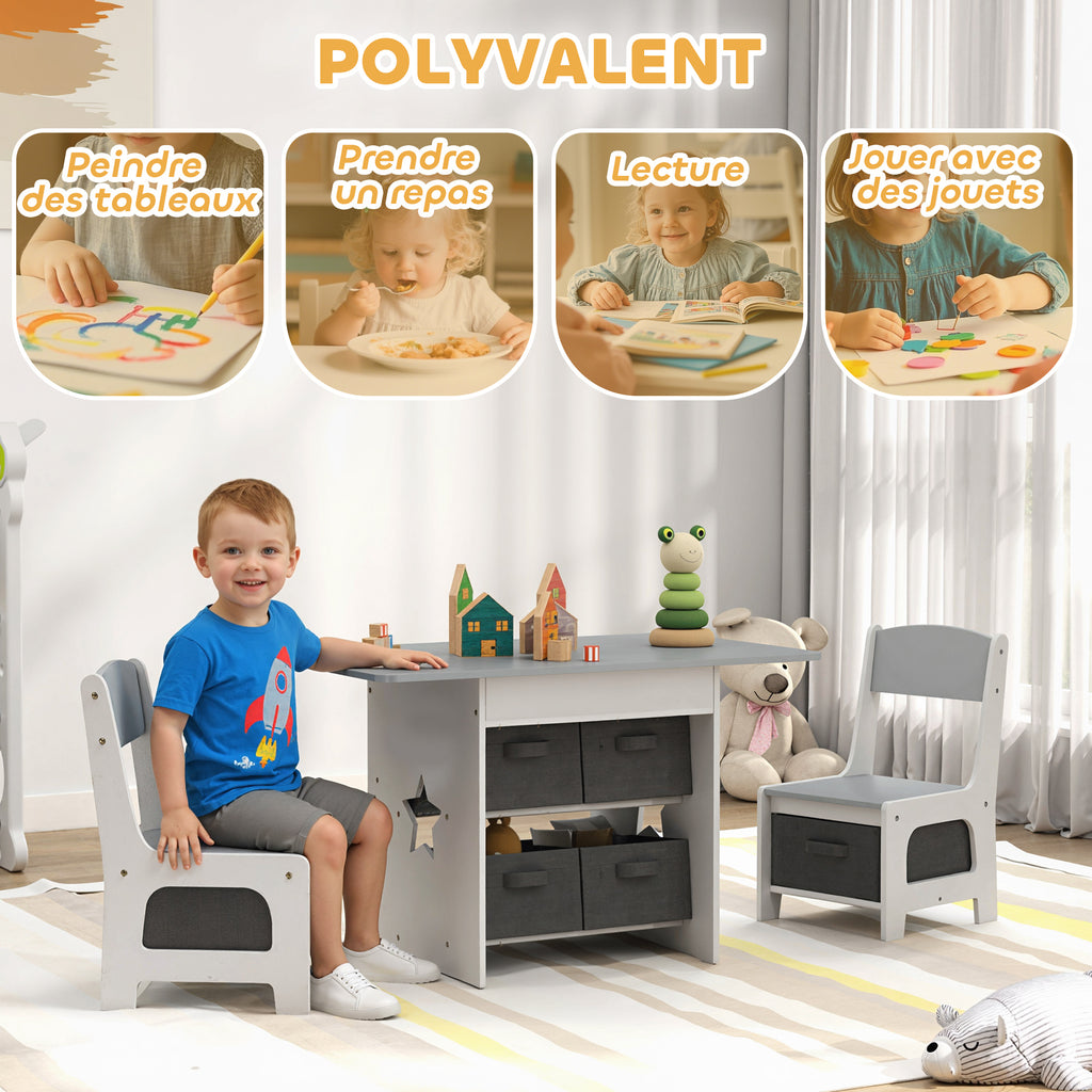 Ensemble table et 2 chaises enfant avec 6 tiroirs amovibles, pour fille garçon 3-8 ans, gris-3