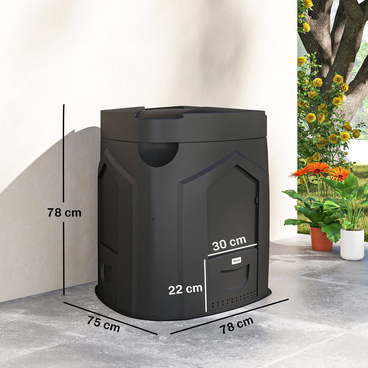 Composteur de jardin, 240L, bac à compost extérieur, en polypropylène, 3 Portes, 66 Aérations, 78 x 75 x 78 cm, Noir-2