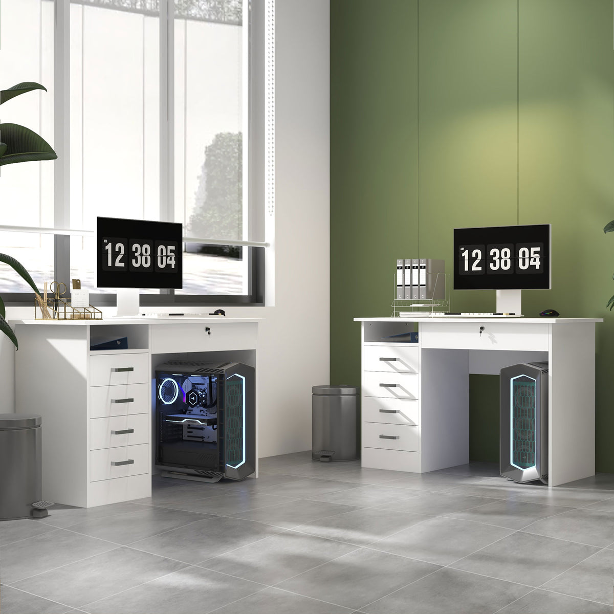 Bureau moderne avec 5 tiroirs, grand plateau, 1 compartiment ouvert, tiroir verrouillable, 110 x 50 x 76cm, blanc-6