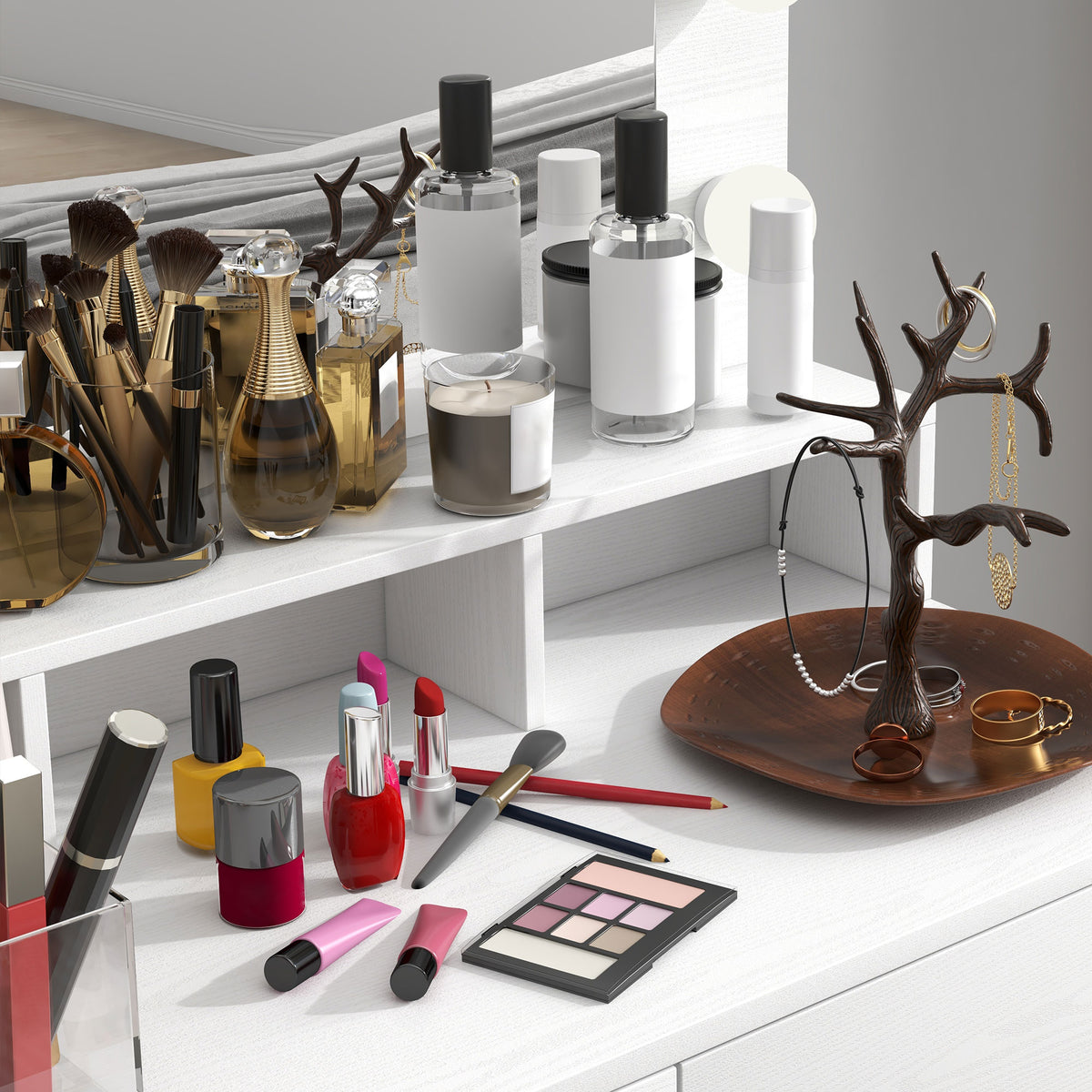 Coiffeuse avec miroir Hollywood, tiroirs, 3 modes d'éclairage, 10 ampoules, 80 x 40 x 135 cm, blanc-7