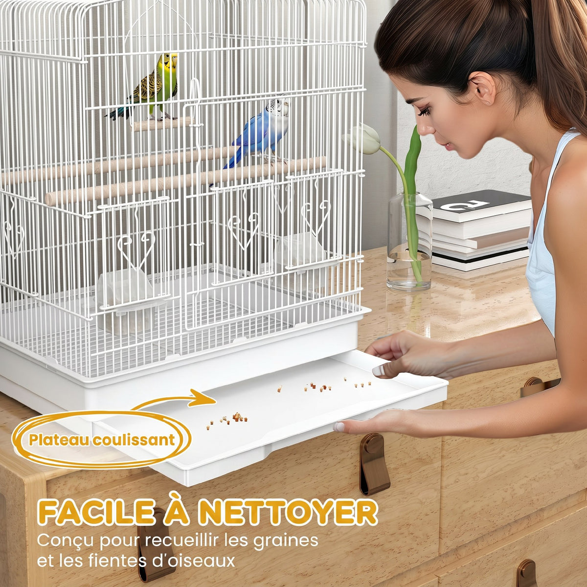 Cage à Oiseaux Volière avec Mangeoires, Perchoirs, Plateau Excrément Amovible, 46,5 x 36 x 59 cm, Blanc-4