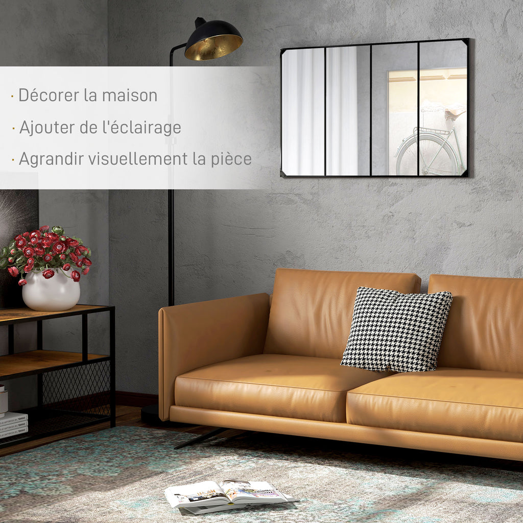Miroir mural verrière rectangulaire style industriel, horizontal ou vertical avec 4 crochets, en métal noir 109 x 69 cm-3