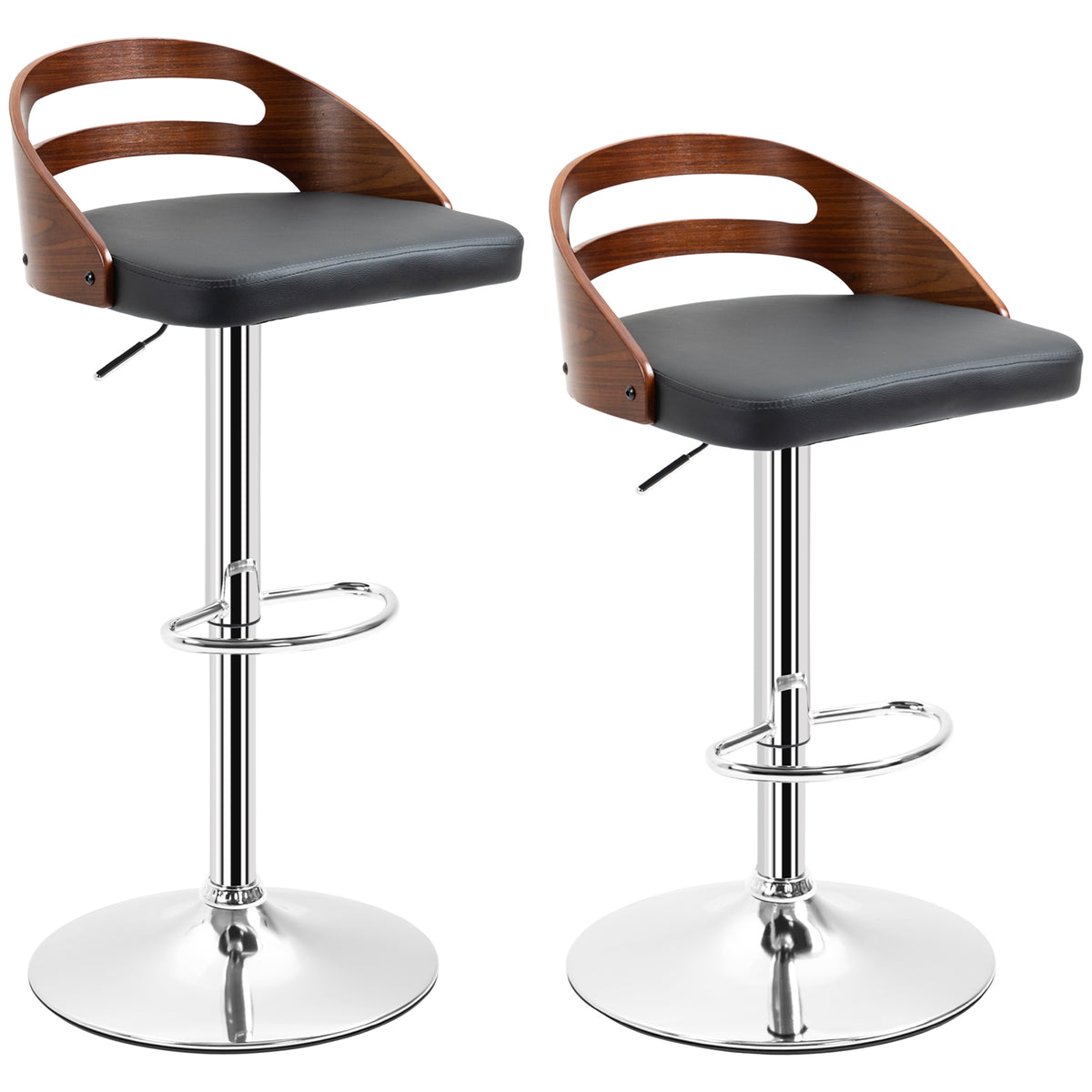 Lot de 2 tabourets de Bar Hauteur d'assise réglable pivotant 360° revêtement synthétique Noir Dossier ajouré-0