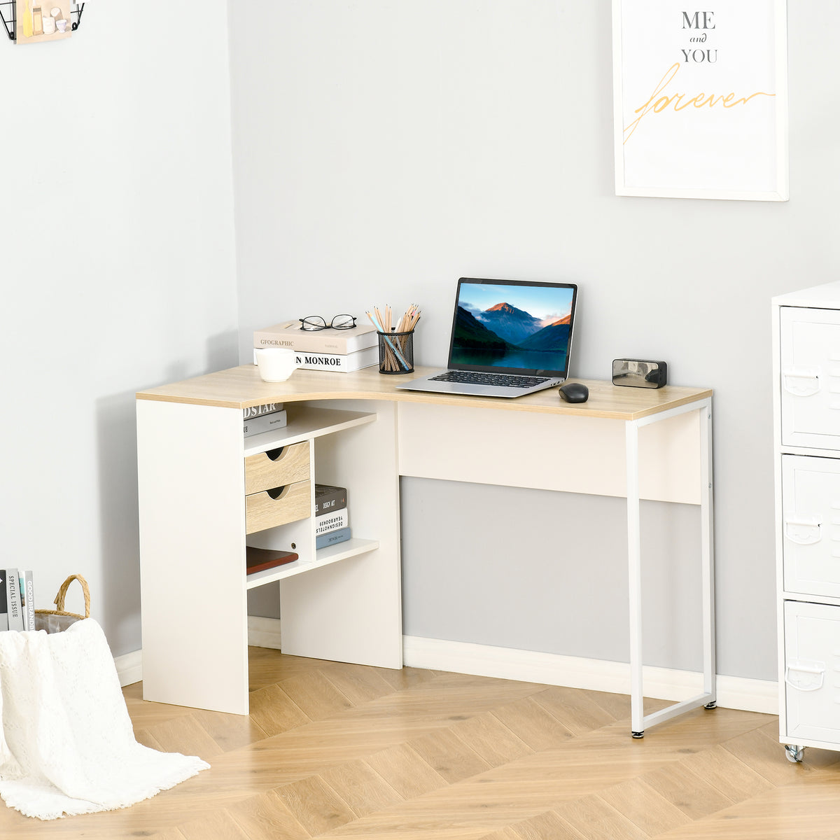 Bureau d'Angle avec 2 Tiroirs, 120 x 60 cm, Bureau en L avec 3 Compartiments Ouverts, Table Informatique pour Étudier, Travailler, Chambre, Maison, Chêne Clair-1