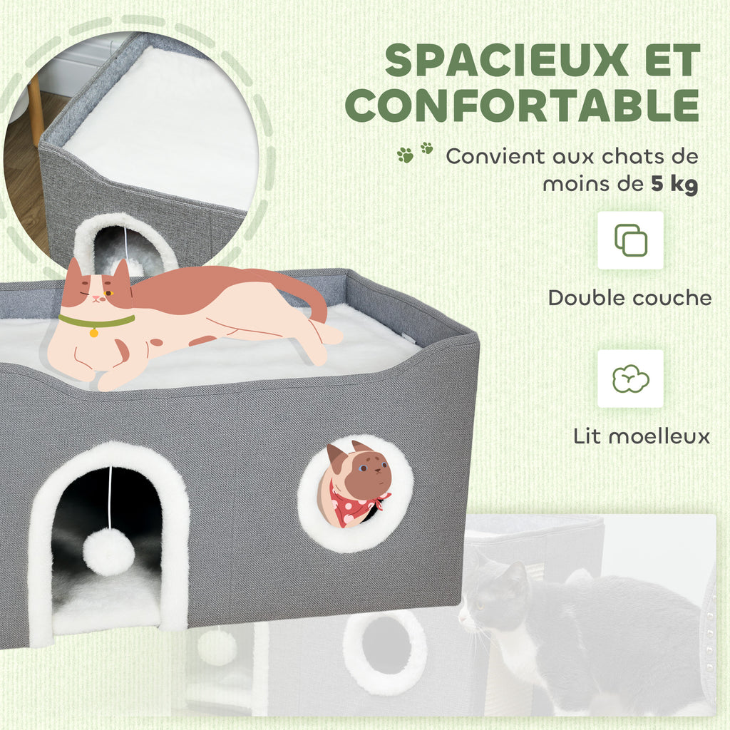 Niche Chat Interieur Pliable avec Griffoir, Lit Surélevé, Entrées, Jouet Suspendu, Coussin Réversible, 60x40x34cm, Gris-5