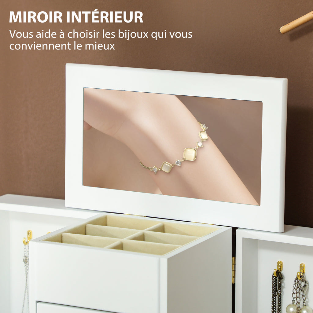 Boîte à Bijoux Femme à 4 Niveaux, Coffre à Bijoux en Bois avec Ailes, Miroir et 2 Tiroirs, 26,5x16 x33,5 cm, Blanc-4