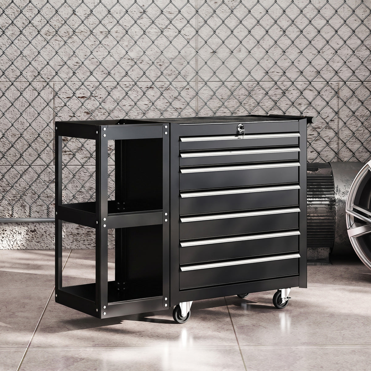 Servante d'Atelier en Acier à 7 Tiroirs, Chariot à Outils sur Roulettes avec Étagère Latérale Amovible, Noir-1