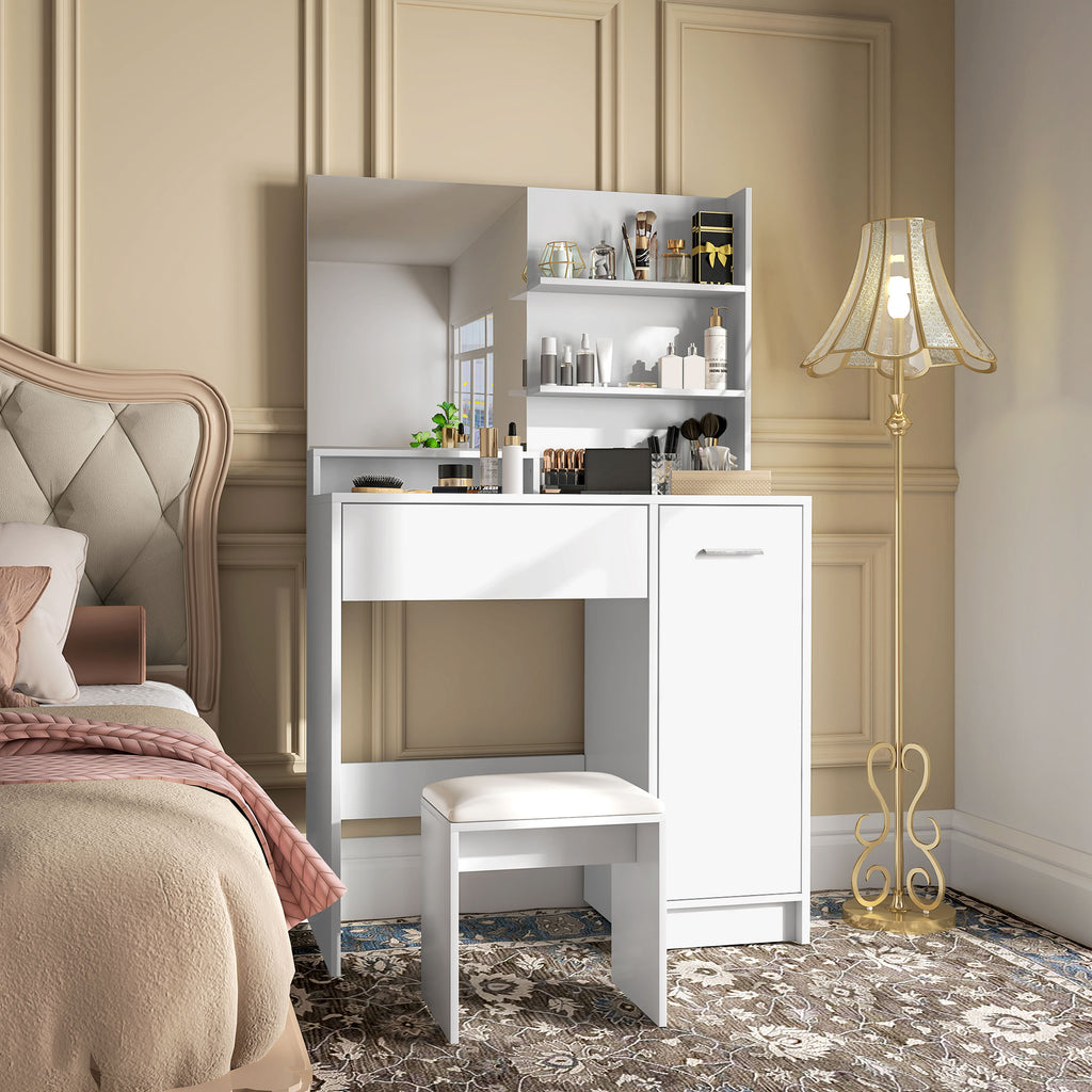 Ensemble coiffeuse avec miroir et tabouret, tiroir, armoire étagère réglable pour la chambre 80l x 40P x 132H cm, blanc-1