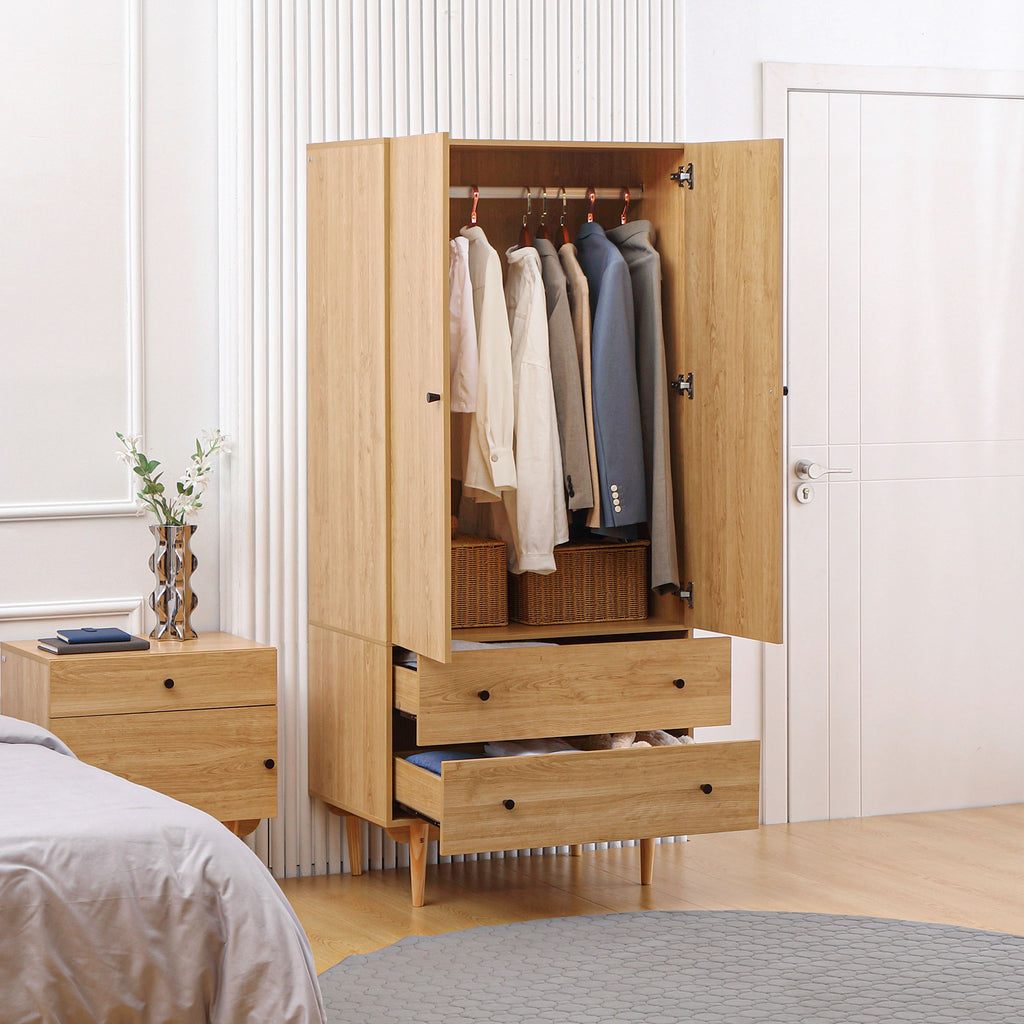 Armoire à vêtements armoire de rangement penderie avec 2 portes, 2 tiroirs et tringle - 80 x 52 x 180 cm - aspect bois-1