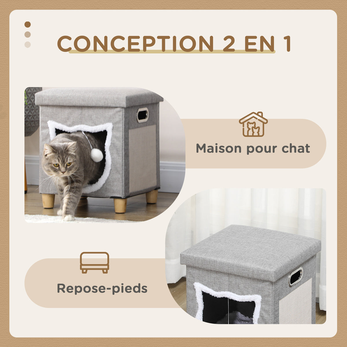 Niche chat interieur maison chat interieur 2 en 1 pied en bois coussin amovible lavable balle, 35,5x35,5x42,5cm, gris-3