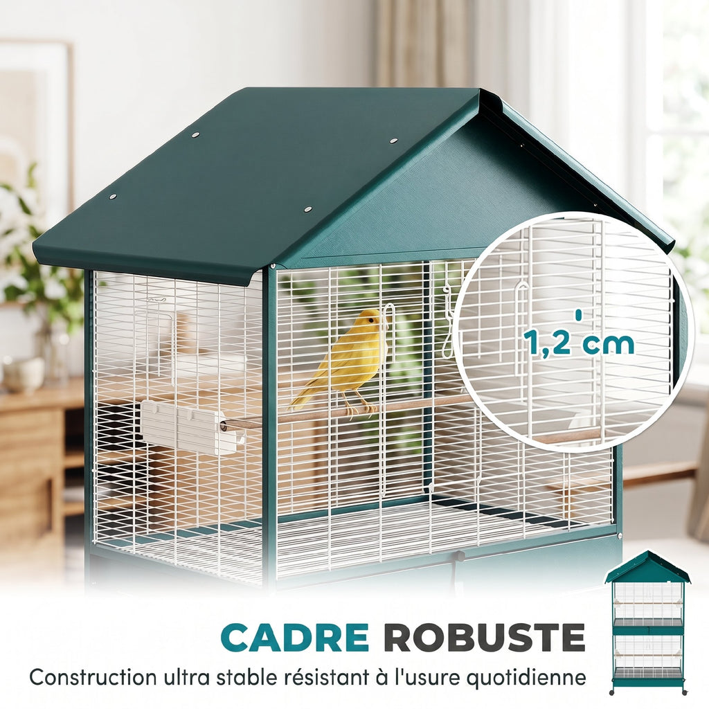 Cage à oiseaux sur roulettes avec séparateur amovible, 4 mangeoires et 2 perchoirs, 2 plateaux coulissants, 94x70x158cm-5