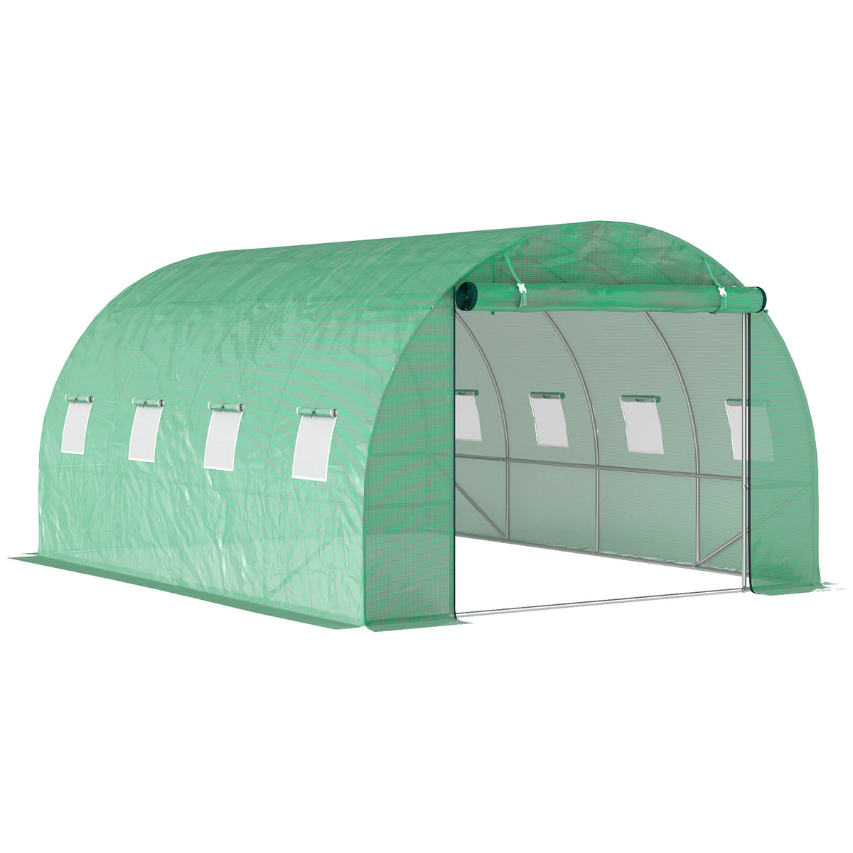 Serre tunnel de jardin 3 x 4 x 2 m avec porte enroulable et grandes fenêtres, en acier galvanisé et PE, vert-0