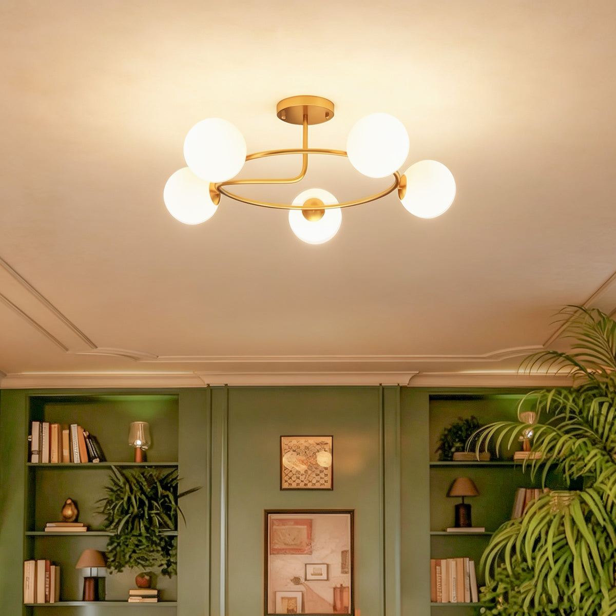 Plafonnier lustre moderne, luminaire plafonnier à 5 lumières avec culot G9, montage semi-affleurant, doré et blanc-1