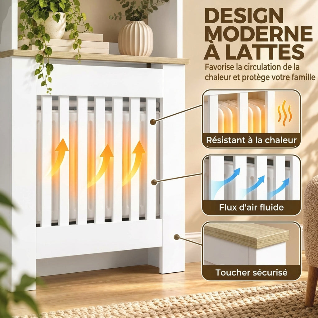 Couvercle de Radiateur en Bois, Cache Radiateur Moderne à Lattes avec Étagères à 3 Niveaux, 78 x 19 x 165 cm, Blanc-4