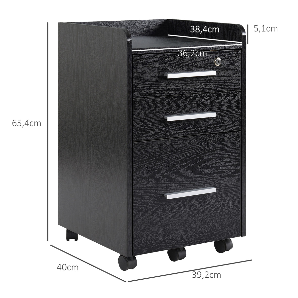 Caisson de bureau rangement bureau sur roulettes 3 tiroirs 1 verrouillable 1 trieur dossiers en bois noir-2