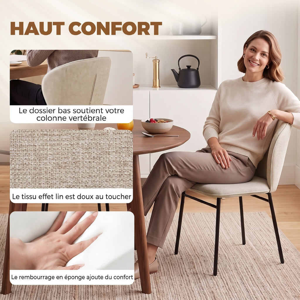 Lot de 2 chaises de salle à manger assise rembourrée en tissu aspect lin pieds en acier stable design moderne crème-4
