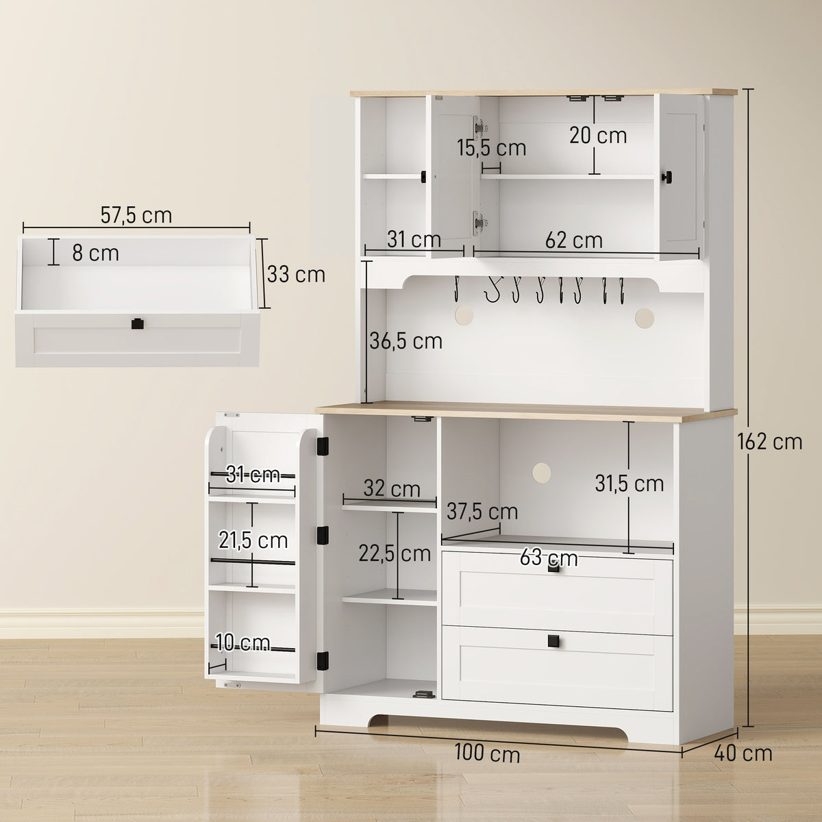 Buffet Haut Cuisine, Armoire Cuisine avec 3 Portes, 2 Tiroirs, Plan de Travail, Compartiments Ouverts, Blanc-2