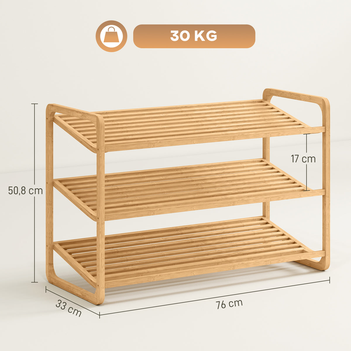 Étagère à chaussures en bambou à 3 niveaux, porte-chaussures capacité 12 paires, 76x33x50,8cm, bois naturel-2