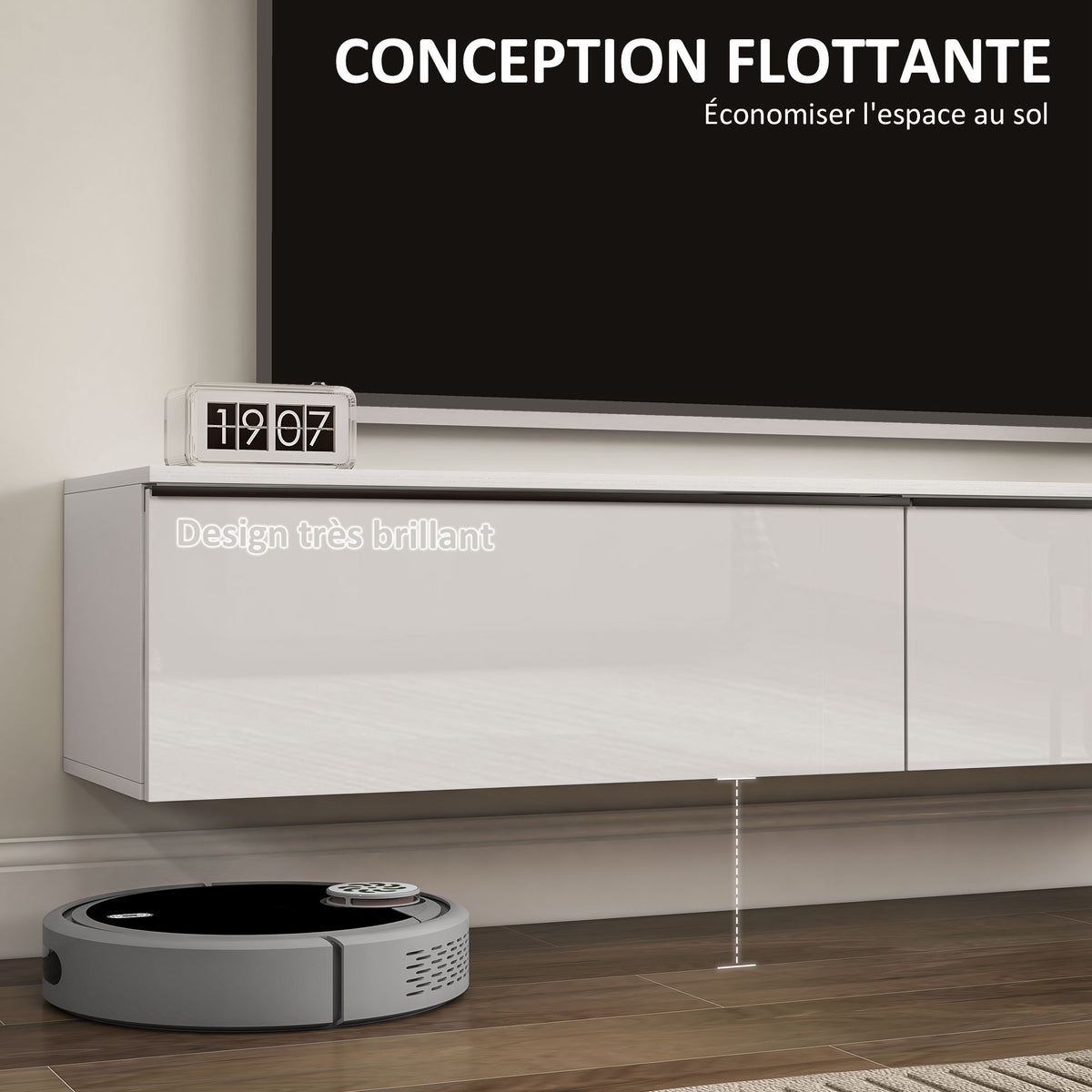 Meuble TV suspendu avec placard, pour téléviseurs jusqu'à 70 pouces, effet brillant, blanc-3