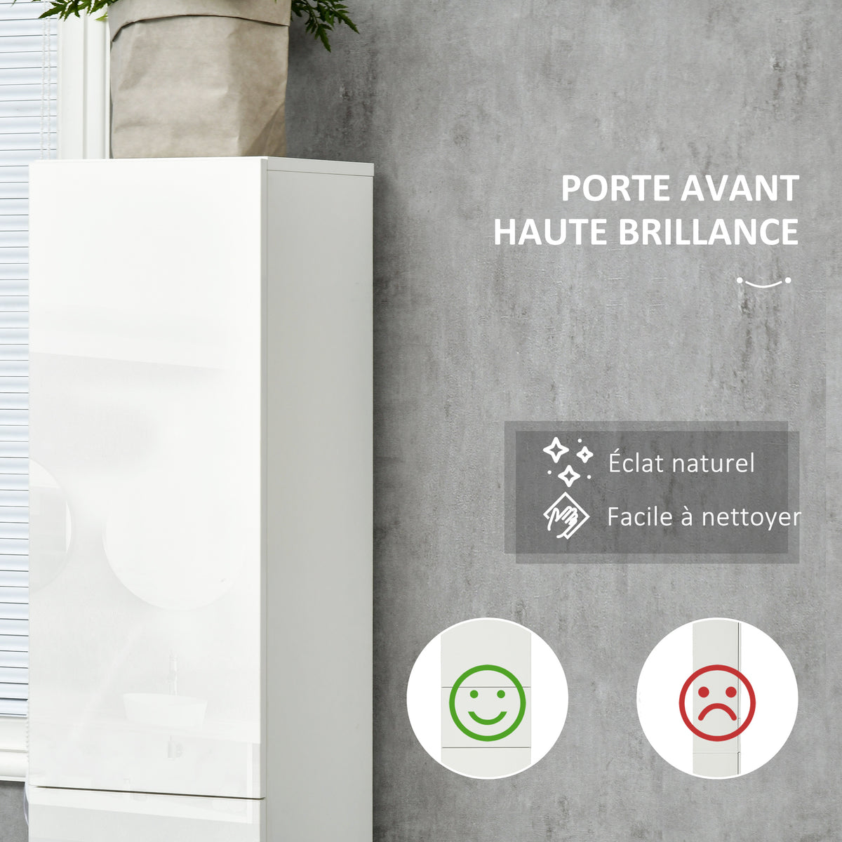 Meuble colonne rangement salle de bain style contemporain 2 placards 3 étagères et 1 tiroir coulissant panneaux particules brillant dim. 30l x 28P x 170H cm blanc laqué-4