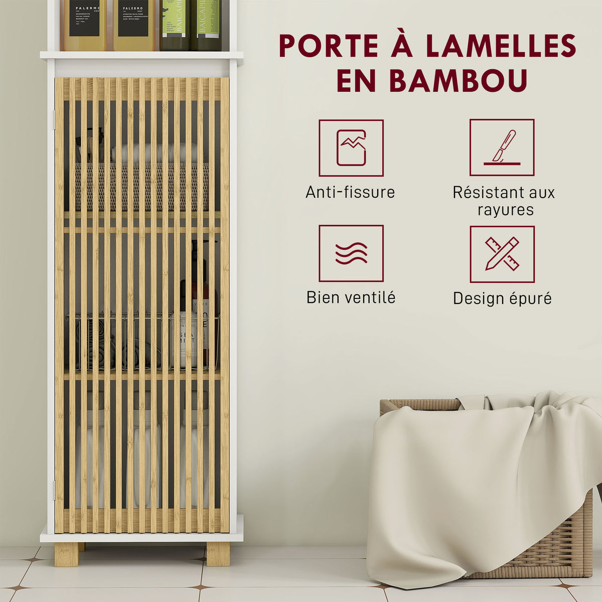 Colonne salle de bain, meuble salle de bain rangement avec porte à lattes en bambou et compartiments ouverts, blanc-4