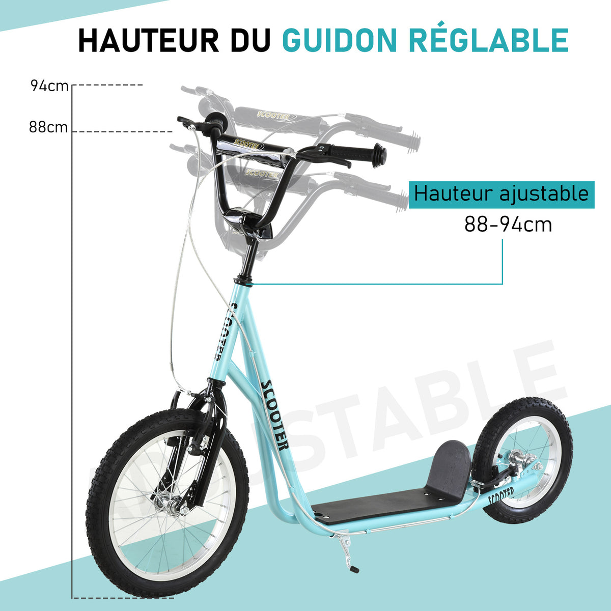 Trottinette patinette Grandes Roues pneumatiques Ø 40 et 30 cm Hauteur Guidon réglable Frein AV/AR béquille Acier Bleu Ciel Noir-4