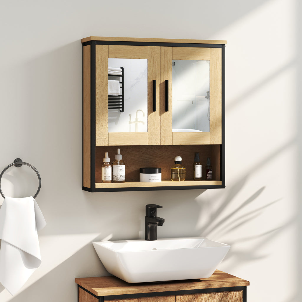 Armoire murale salle de bain avec miroir, meuble salle de bain avec compartiment ouvert et étagère réglable, chêne-9