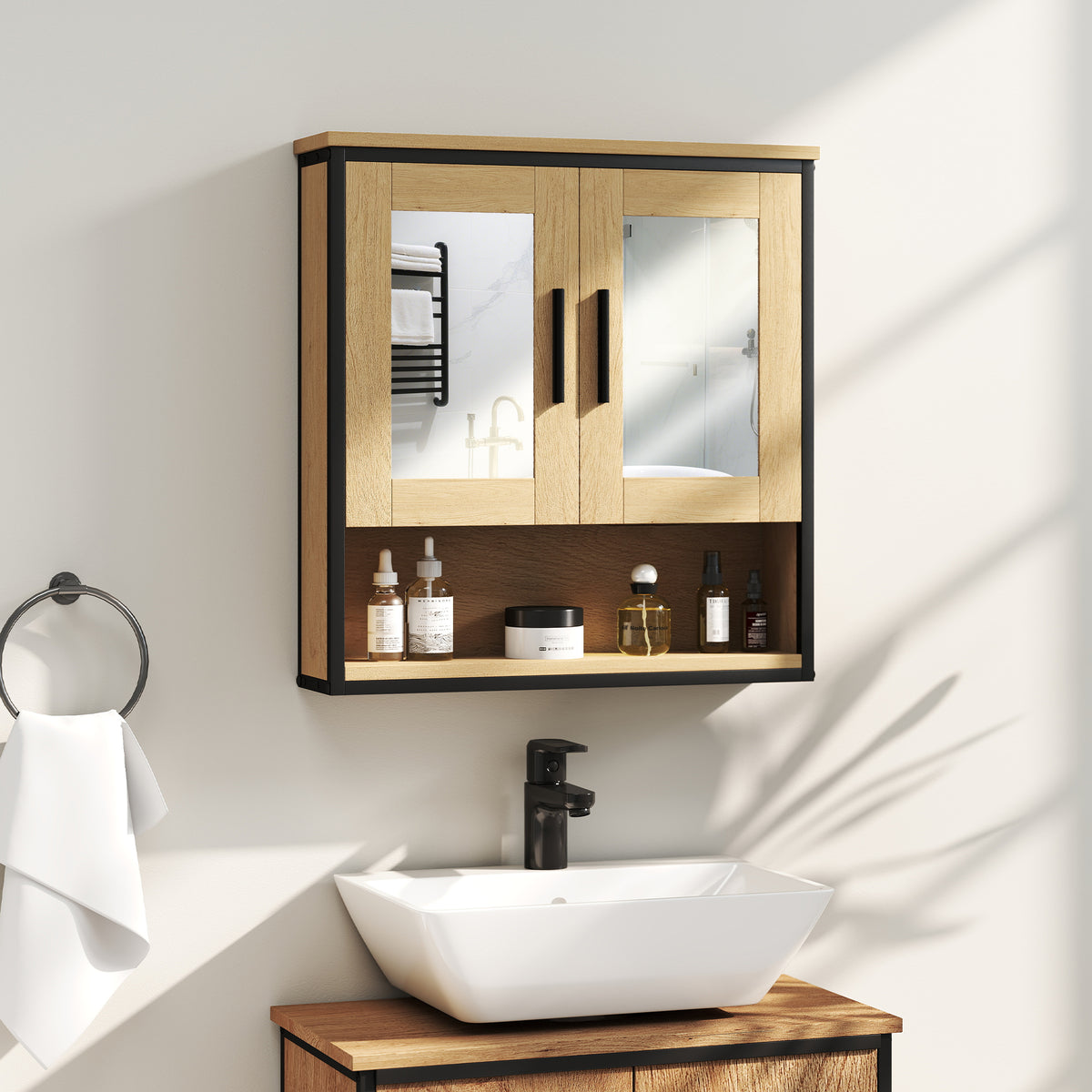 Armoire murale salle de bain avec miroir, meuble salle de bain avec compartiment ouvert et étagère réglable, chêne-9