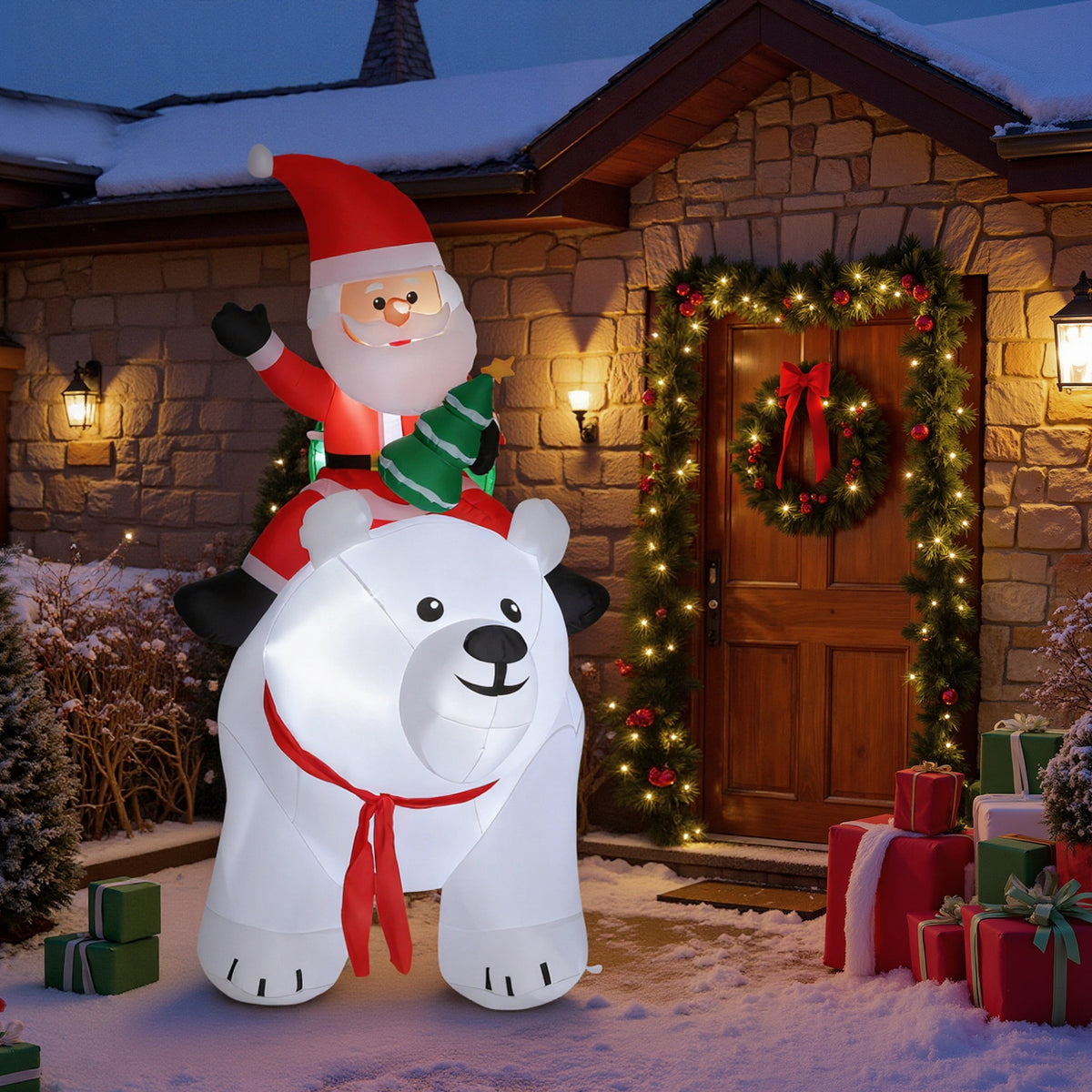 Père Noël gonflable de Noël sur ours polaire 200 cm, 5 lumières LED, décoration de Noël intérieure et extérieure, blanc-1