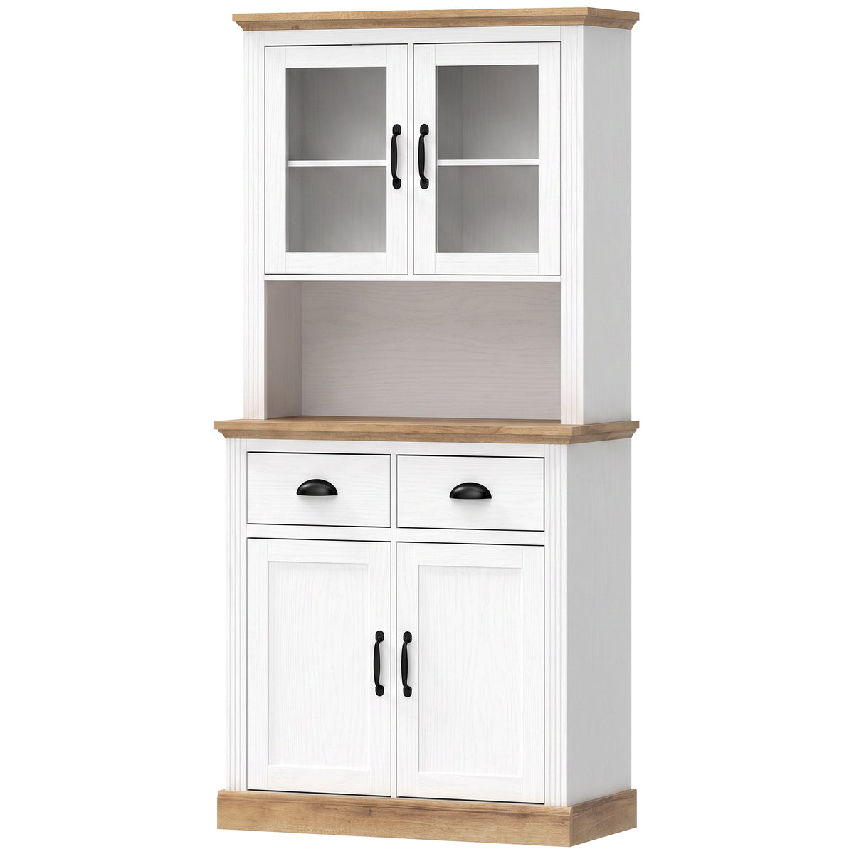 Buffet Haut Cuisine, Armoire Cuisine, 4 Portes dont 2 en Verre, 2 Tiroirs, Plan de Travail, Étagères Réglables, Blanc-0
