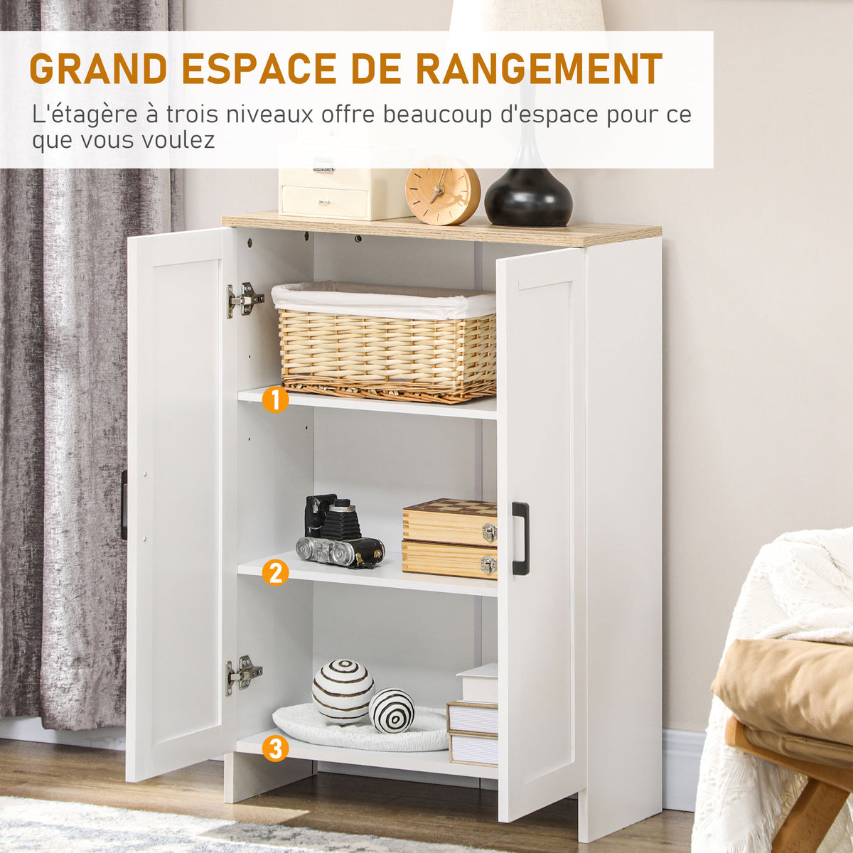 Buffet meuble cuisine rangement avec placard à portes et étagères réglables, 60 x 30 x 90 cm, blanc-7