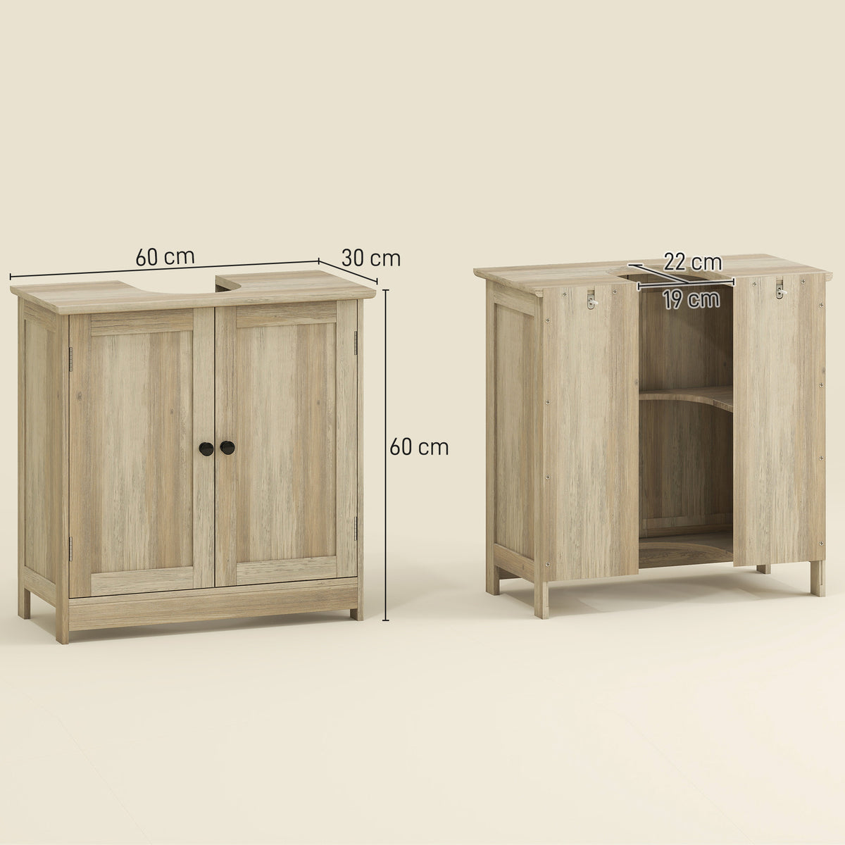 Meuble sous Lavabo, Meuble de Salle de Bain Placard à 2 Portes, Étagère Réglable, Anti-Humidité, 60 x 30 x 60 cm, Gris-2