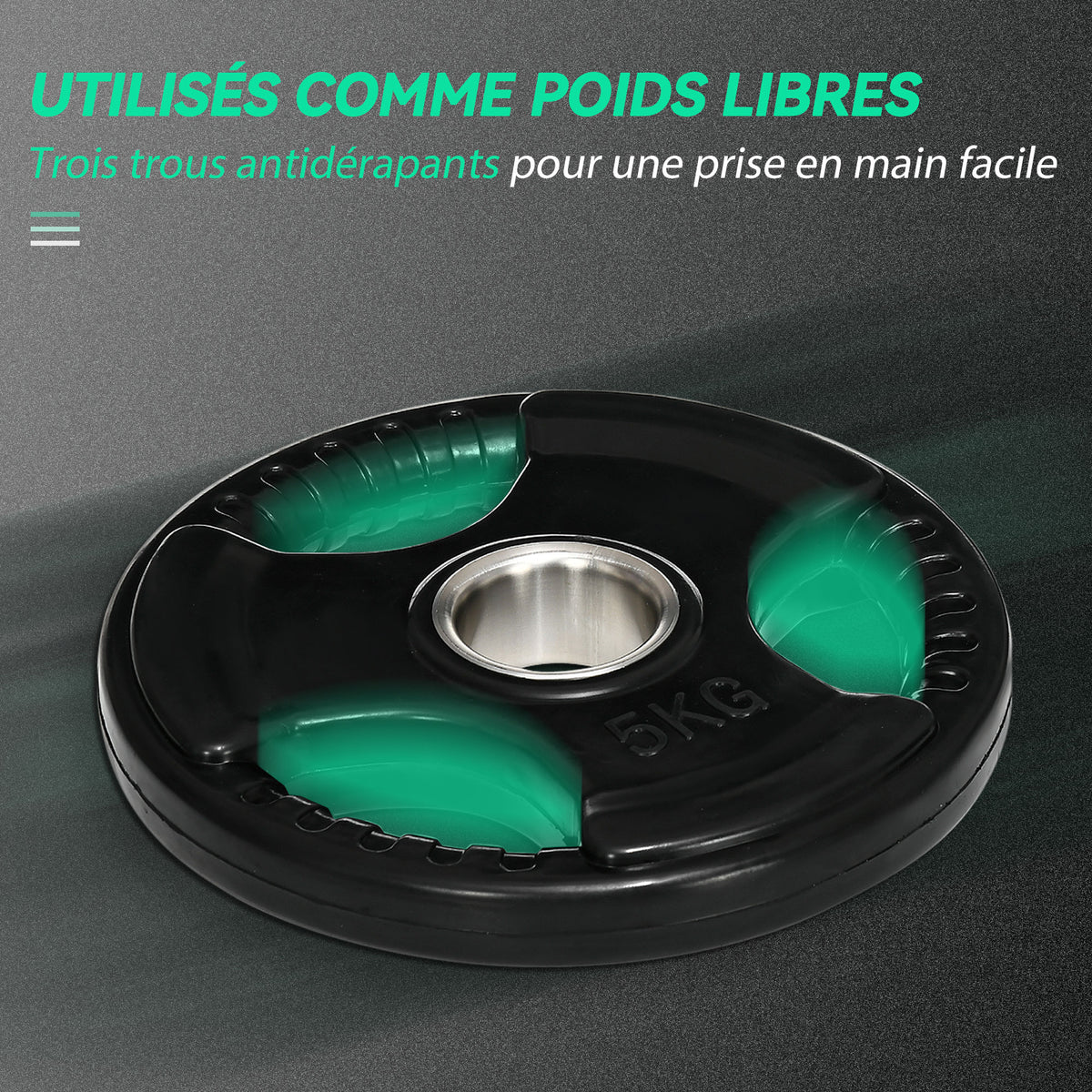 Disques de poids en fonte, plaques de poids 2 x 5 kg, à 3 poignées avec trous de Ø 50 mm, couverture en caoutchouc, noir-3